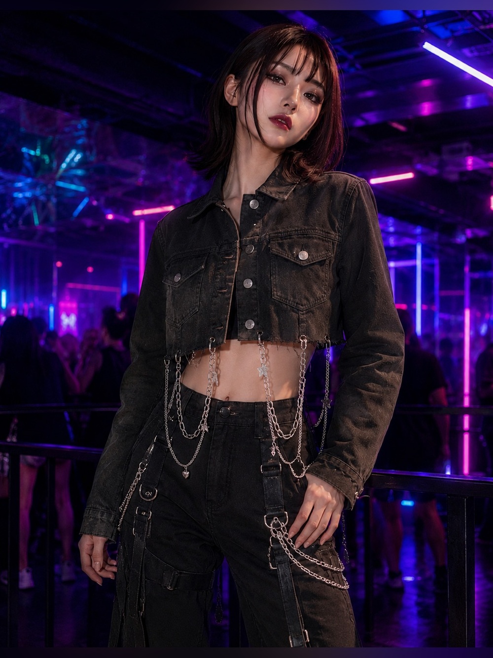 GJG Denim Black Cropped Chain Jacket – Size Small – Distressed Y2K